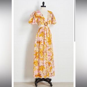 Moon Orchid Floral Cut Out Puff Sleeve Maxi Dress